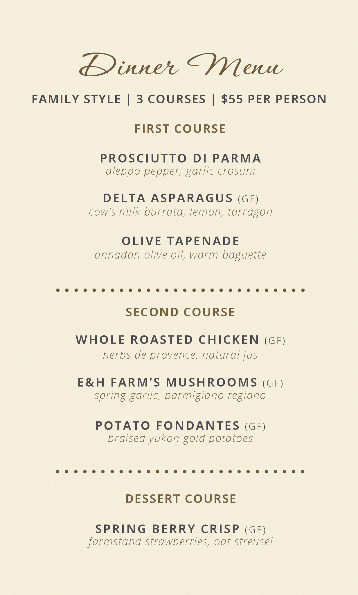 Sunday Night Dinner Menu