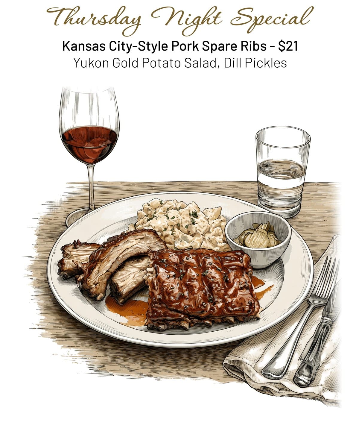Thursday Night food special: Kansas City-Style Pork Spare Ribs, $21, with Yukon Gold potato salad and dill pickles