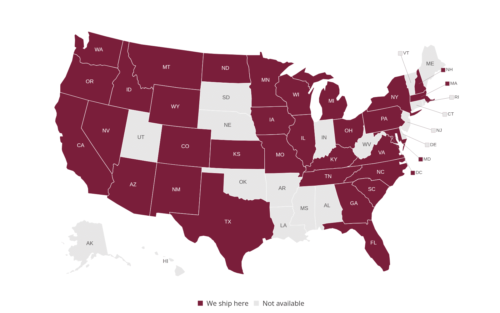 Map of the states Oak Farm Vineyards ships wine to