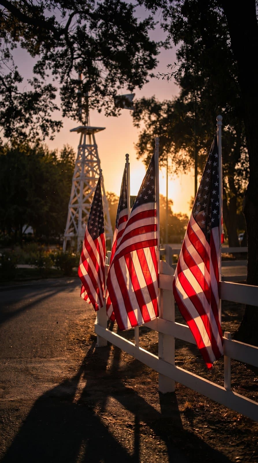American flags along the fence at Oak Farm Vineyards at sunset